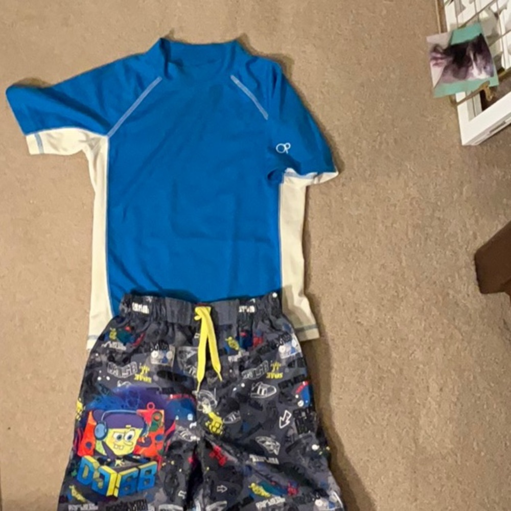 OP Blue Rash Guard and SpongeBob Swim Shorts